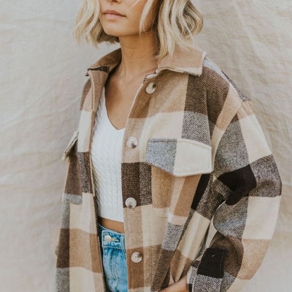 New Tan Plaid Flannel Jacket Shacket - Picture 1 of 9